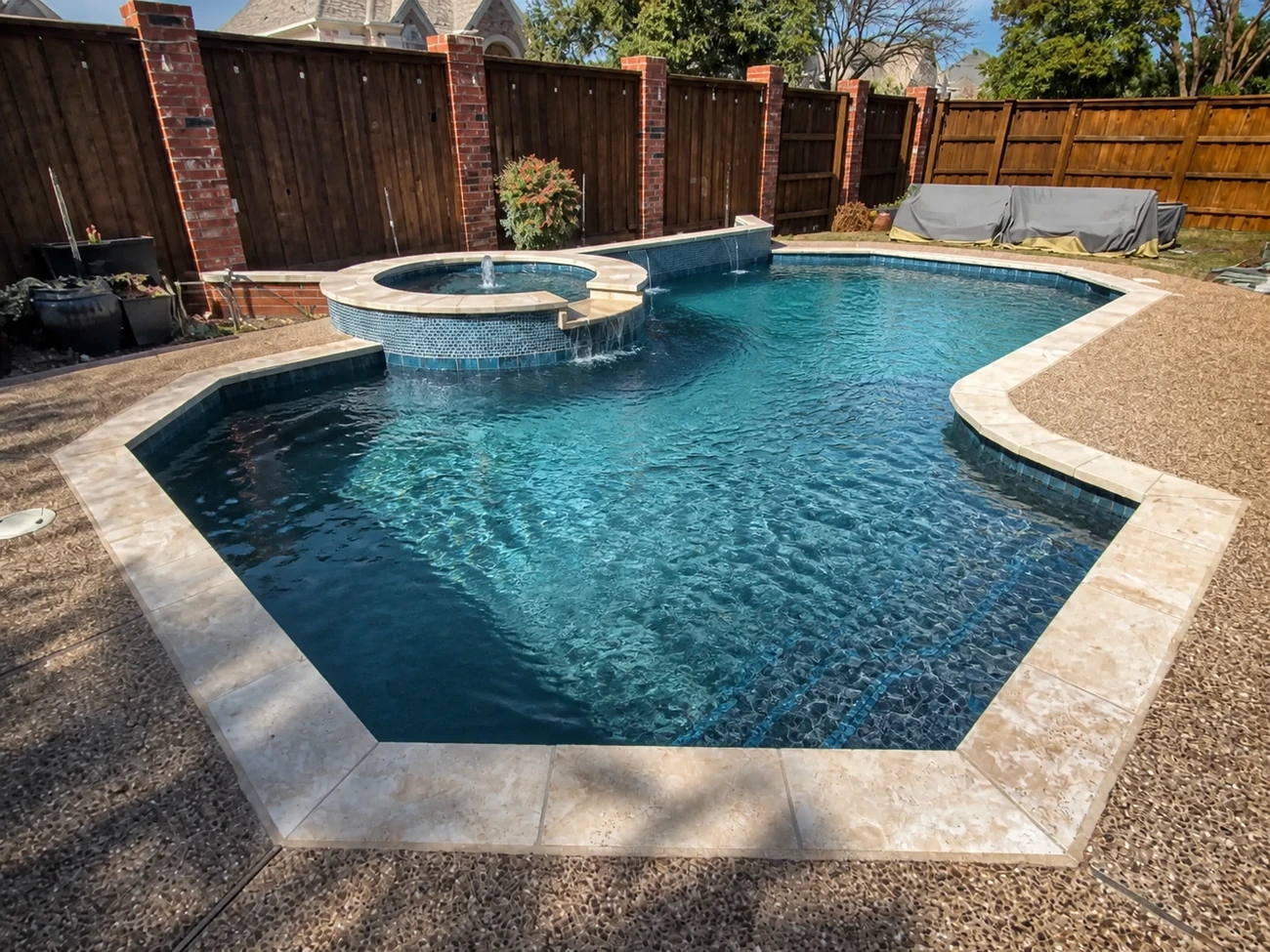 Raised spa and waterfall, octagon pool
