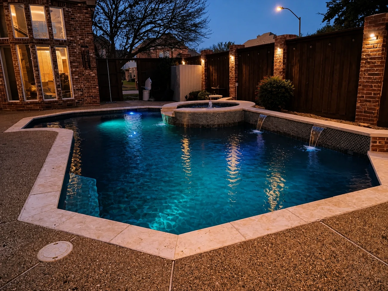 Raised spa with tile waterfall, backyard renovation