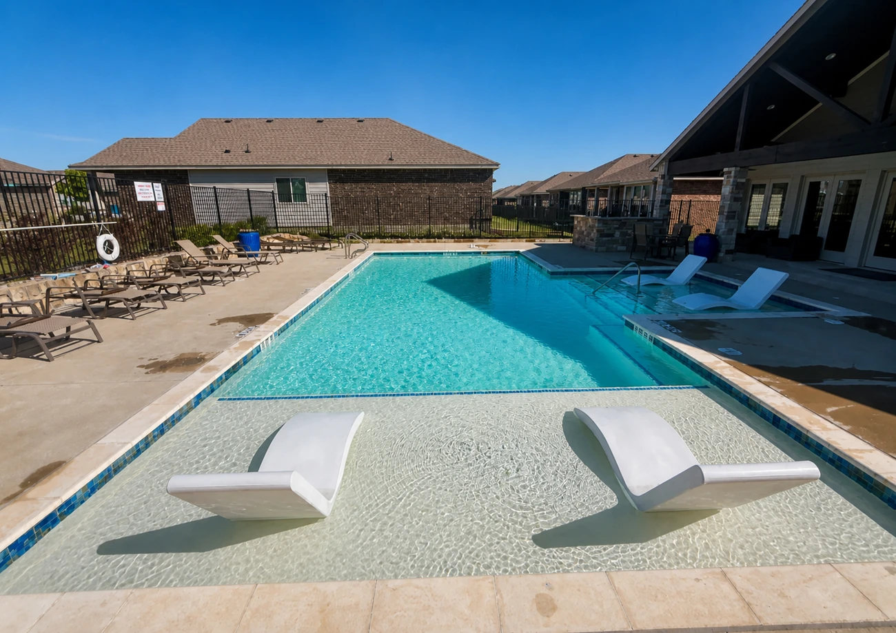 Community pool with sun shelf loungers