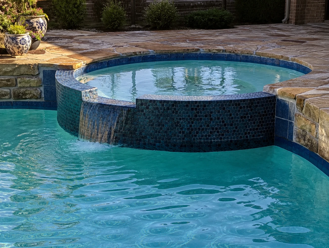 Raised spa with tile spillover, renovation project
